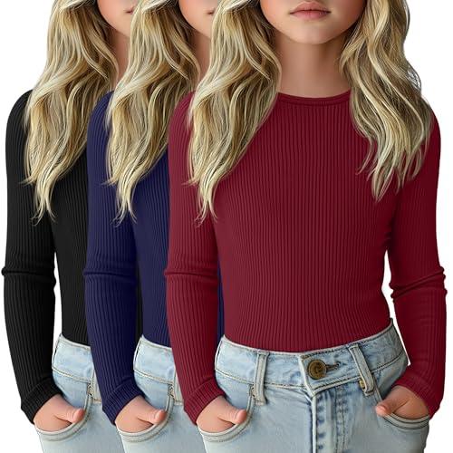 LessonZoo 3 Pack Girls Long Sleeve Shirts Ribbed Knit Cotton Layering Tops Slim Fit Crewneck Casual Undershirts(Black, Navy Blue, Wine Red XL