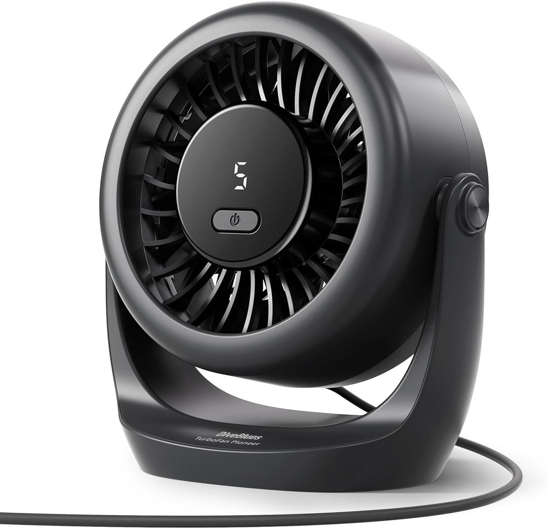 Diveblues USB Desk Turbo Fan, Ultra-Quiet Mini Desk Fan, Powerful Wind, LED Display, 5 Speed, 360 Rotating Small Portable Fan for Home, Office and Outdoor Cool Tech Gadgets - TurboBreeze (Classic Black)