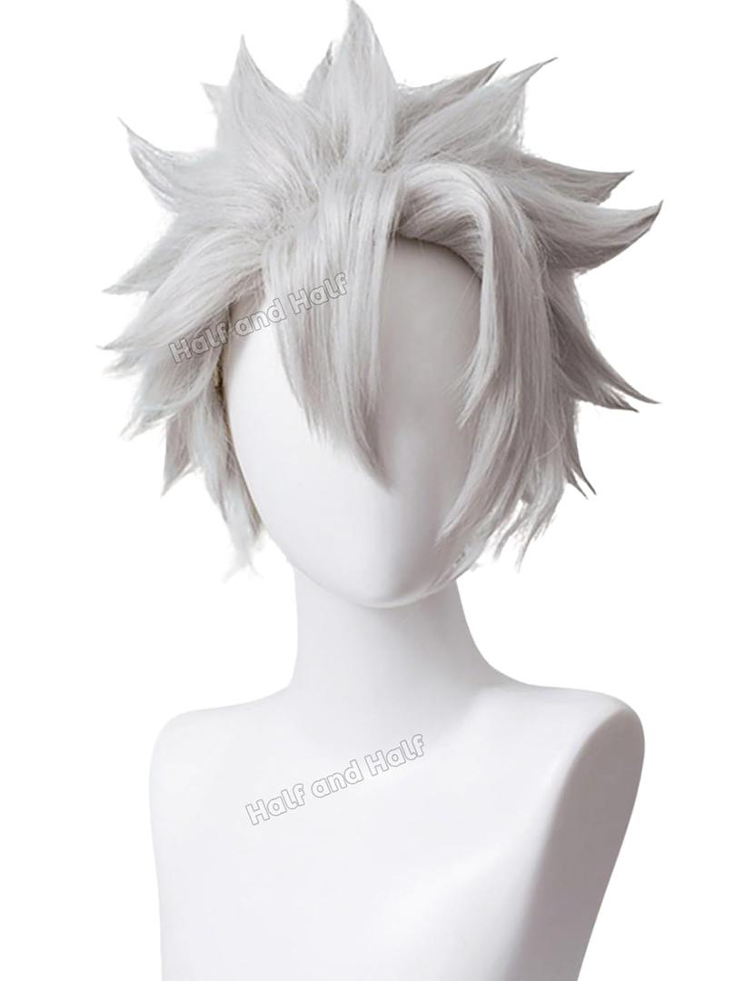 Half and Half Sanemi Cosplay Wig Short Silver Gray White Anime Wigs for Men Light Grey Sanemi Costume Male Wigs for Women Unisex Halloween Party