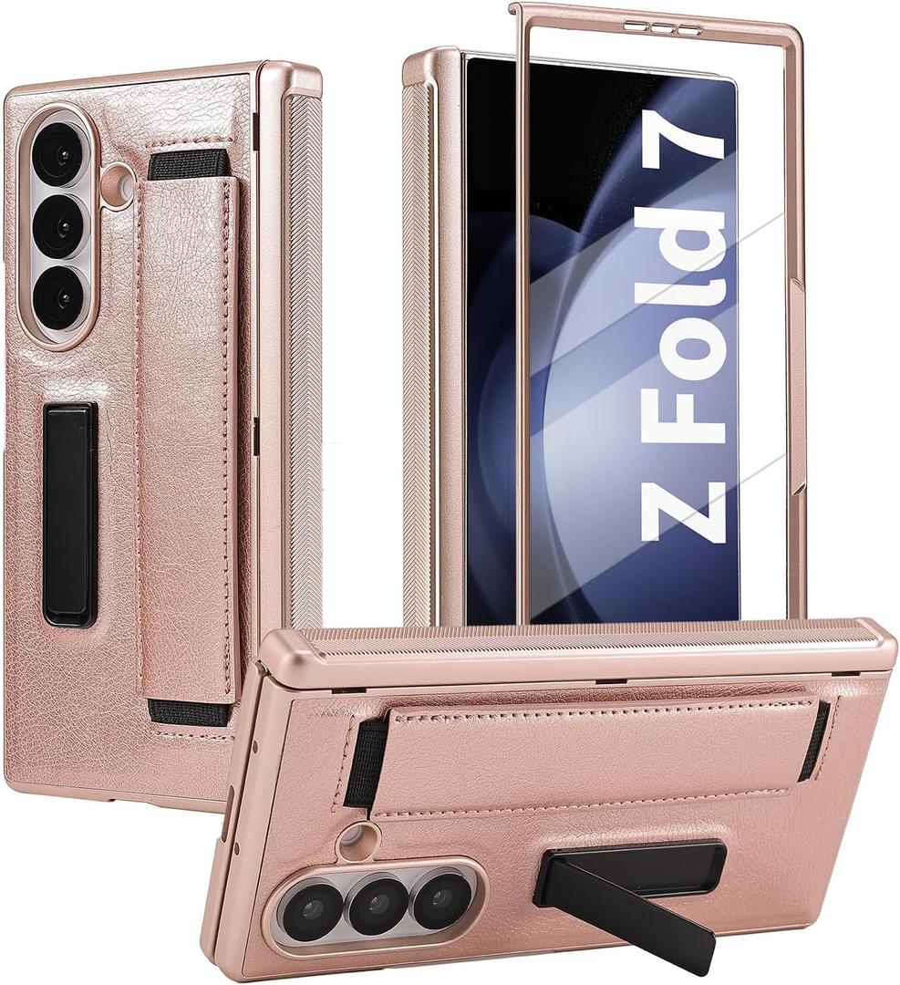 for Samsung Galaxy Z Fold 7 Slim Case with Wrist Strap & Multi-Angle Stand, Built-in Hinge & Screen Protector Shockproof Full Body Drop Fall Protection - Gold