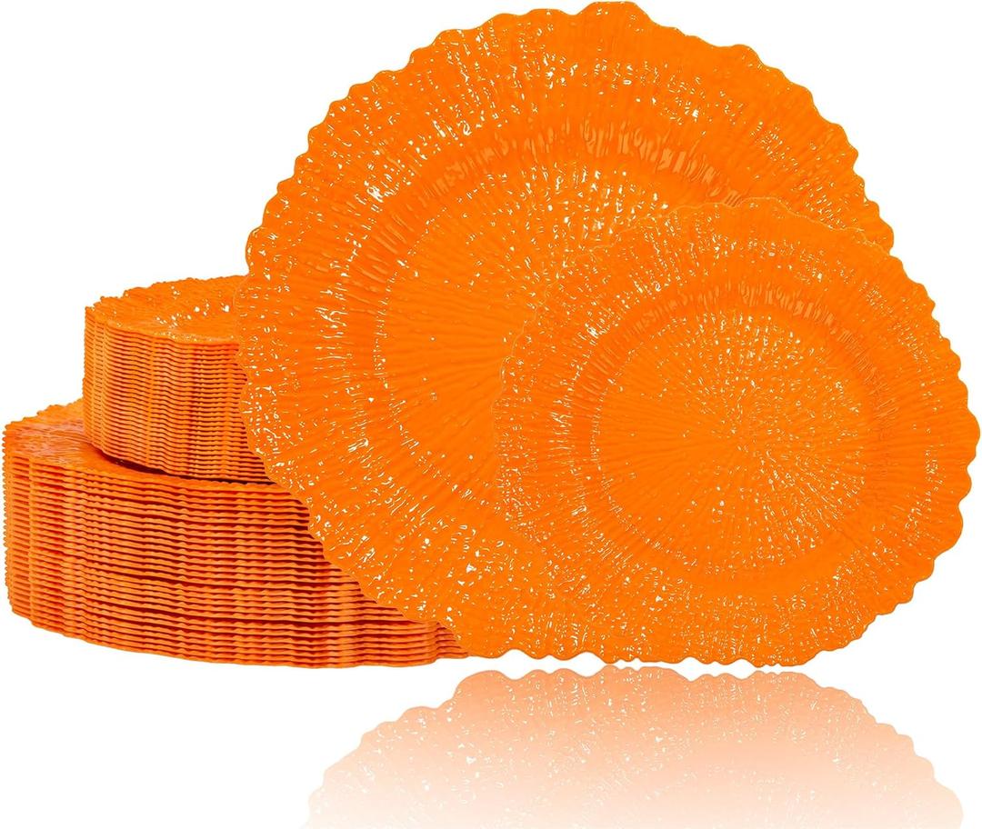 SUT 60 PCS Orange Plastic Plate, Plastic Plates Include 30PCS 10 inch Dinner Plates and 30 PCS 7 inch Dessert Plates, Disposable Plate for Party