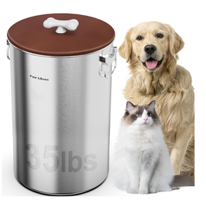 Paw Libero 2PK 35 Lbs total 70Lbs Stainless Steel Dog Food Storage Container with Airtight Wooden Lid & Ceramic Bone Handle, Large Metal Dog Food Bin for Dogs & Cats, Keep Fresh, Easy to Clean