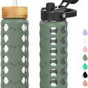 MUKOKO Glass Water Bottles, 24oz Glass Tumbler with Straw, Drinking Bottles with-Handle Spout Lid & Bamboo Straw Lid, Motivational Water Bottle with Time Marker and Silicone Sleeve, Pack of 1, Olive
