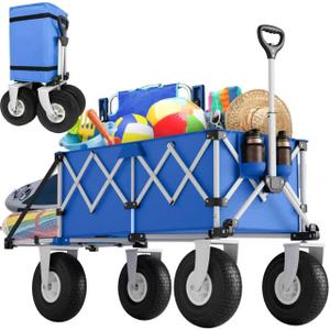 Blue Beach Wagon with Big Wheels for Sand - Heavy Duty 10" Wheel Collapsible Wagons Foldable Large Wagon Cart Folding All Terrain for Camping