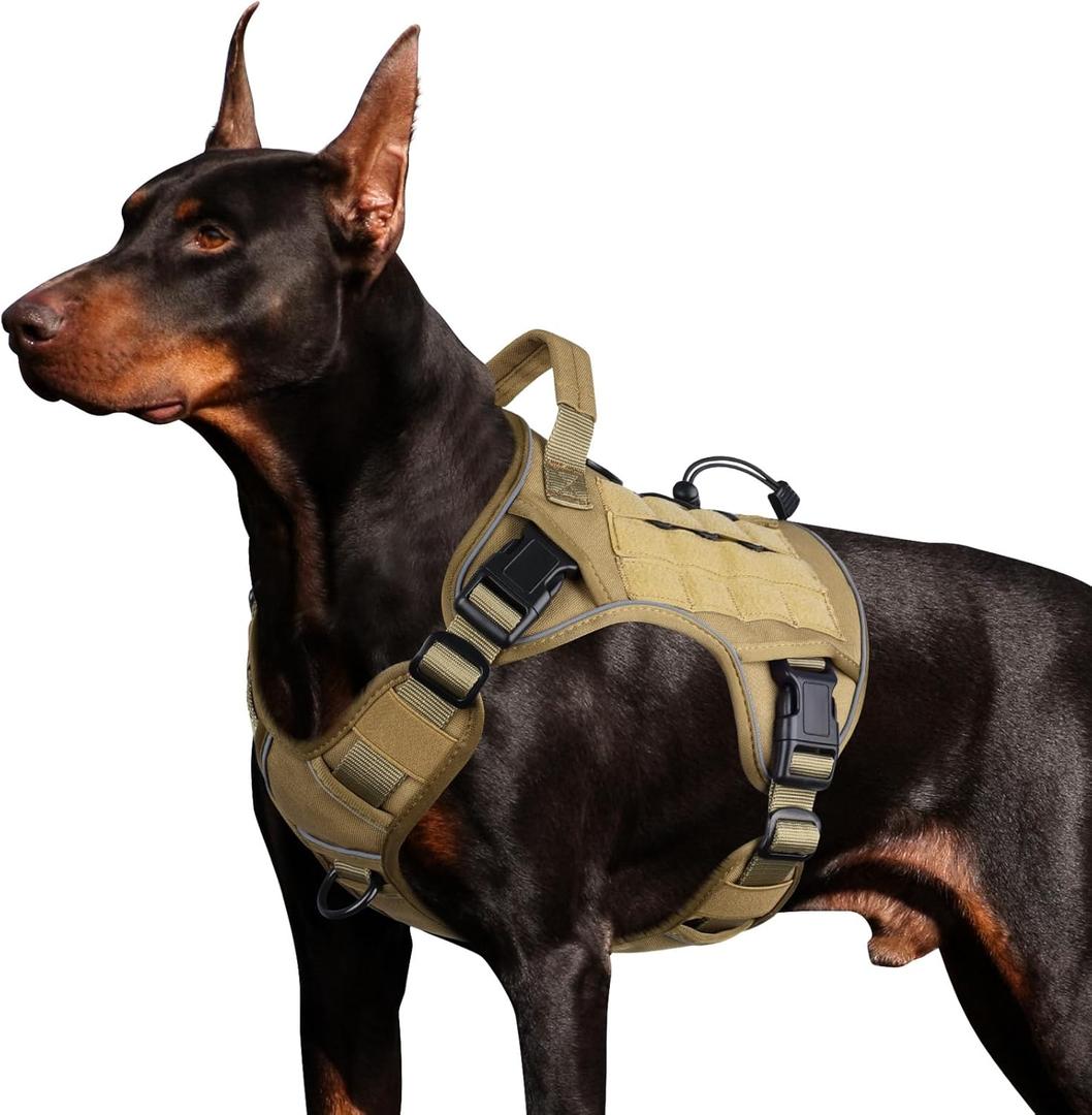 WINGOIN Tactical Dog Harness for Large Dogs, Heavy Duty No Pull Dog Harness with Handle, Adjustable Reflective Military K9 German Shepherd Big Size Dog Vest for Walking, Training, Hunting, Khaki (L)