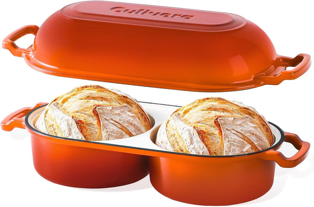 Cast Iron Bread Pan with Lid, Mini Enamel Sourdough Baking Dutch Oven Pot, Double Round Loaf Space for Homemade, Bread, Cake, Meatloaf, 16.5cm Diameter, 500F Oven Safe, Non Stick, Orange