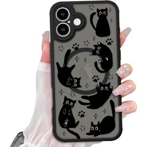 Cute Magnetic Case for iPhone 17 Case [ Compatible with MagSafe ] with Black Cats Cat Pattern Design for Women Girls Boys, Soft Bumper Hard Back Kawaii Animal Protective Phone Cover (iPhone 17 (6.3 inch))
