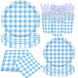 140Pcs Gingham Party Supplies for 20 Guests Thick Paper Plates and Napkins Knives Spoons Forks Cups Disposable Party Set Cutlery for Dinner Baby Shower Wedding Favor(Blue)