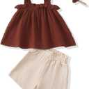 XUANHAO Toddler Baby Girl Clothes Summer Outfits Sleeveless Ruffled Linen Shirts Tank Tops Shorts Kids Girls Clothing Sets (12-18 Months, Rust Red)