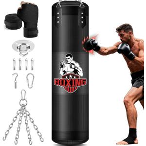 Punching Bag for Adults, 4FT PU Heavy Boxing Bags with Chain Ceiling Hook, Hanging Boxing Bag for Kickboxing Muay Thai Karate Judo Taekwondo Home Gym Training, Unfilled