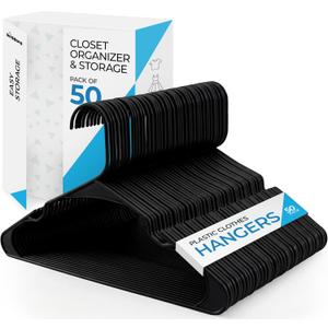 Beddora Plastic Hangers 50 Pack, Black Clothes Hangers for Closet Organization and Storage Space-Saving Design, Kids & Adult Coat Hanger for Suits, Shirt & Percheros Ganchos para Colgar Ropa Hangars