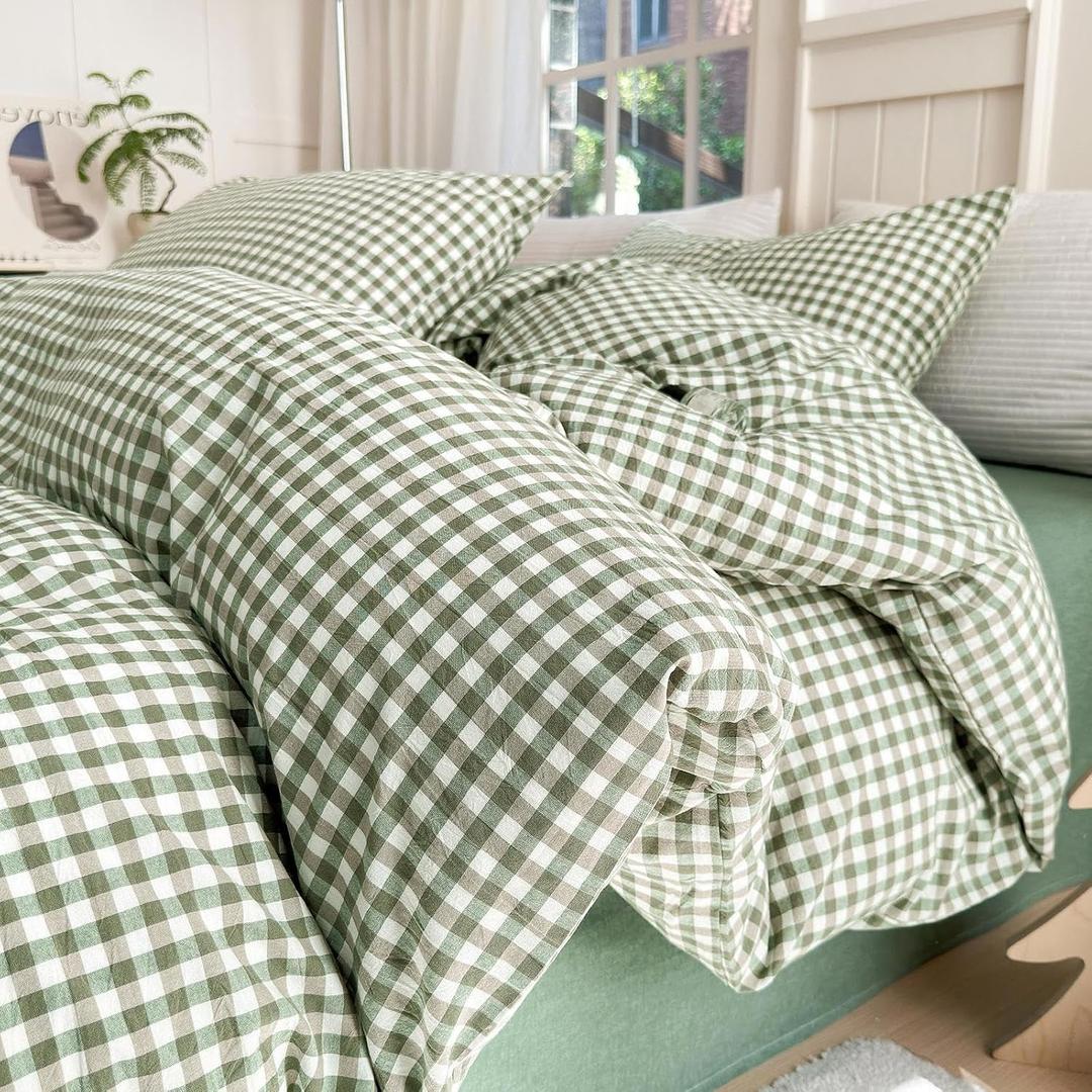 LifeTB Green Gingham Comforter Set Full Size Boho Plaid Checkered Pattern Comforter Geometric Grid Plaid Printed Bedding Comforter Set with 2 Pillowcases Fluffy Soft Gingham Bedding Set Full Size