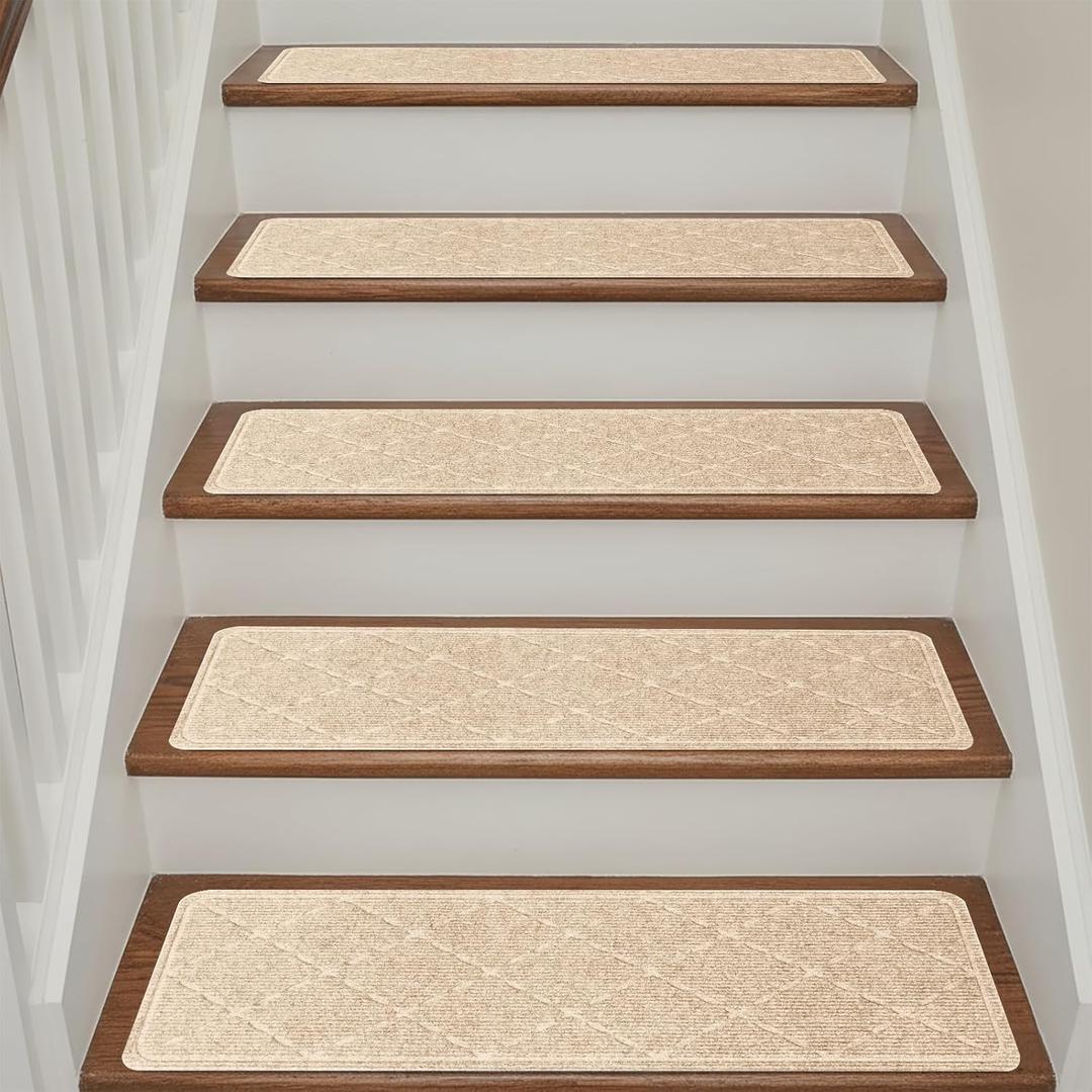 Stair Treads Non Slip for Wooden Steps Indoor, 15 Pack 9" X 28" Carpet Runners for Wood Stairs with Self-Adhesive Backing, Stickiness Stair Rugs for Kids Elders and Dogs, Diamond Beige