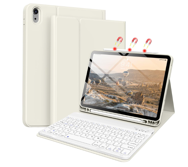 Case with Keyboard Case for iPad Air 7th/6th 11" M3/M2 & 10.9 "Air 5th 4th Gen with Keyboard,Cover with Pencil Holder, Auto Sleep/Wake,Cream White