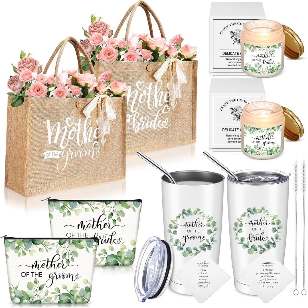 Hushee 2 Sets Mother of the Bride and Mother of the Groom Gifts Set Includes 20 oz Tumblers Greenery Canvas Tote Bags Leaf Cosmetic Bag Handkerchief Candle for Mom Bridal Shower Wedding Gifts