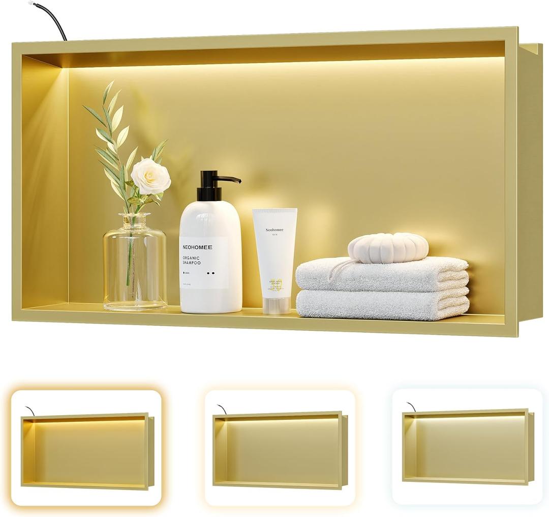 24"x12" Gold LED Shower Niche,3 CCT Dimmable Light, No Tile Needed, 24X12In