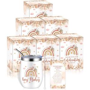 Hoolerry 6 Set Baby Shower Game Prizes 12 oz Insulated Stainless Steel Tumbler Cup with Lids, Straws, Cleaning Brush, Cards & Gift Boxes Return Gifts for Guests(Light Pink,Rainbow)