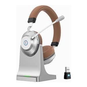 Wireless Headset with Mic for Work, Bluetooth Headset with Noise Cancelling Mic for Clear Calls, Bluetooth V5.3 Headphones with Mic Mute & USB Dongle, Charging Base for PC/Laptop/Phones/Call Center