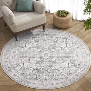 jinchan Round Rug 5ft Vintage Machine Washable Area Rug Kitchen Indoor Circle 5' Ultra-Thin Non-Slip Floral Print Carpet for Farmhouse Entryway Dining Room Living Room Bedroom Office (5'Round,Taupe) (5' x 5' (Round Light Weight))