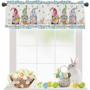Easter Gnomes Curtain Valances for Windows, Spring Floral Window Valances, Easter Eggs Bunny Window Treatment Rod Pocket Valance Curtains for Living Room/Kitchen/Bedroom/Bathroom, 54x18in, Plaid Blue