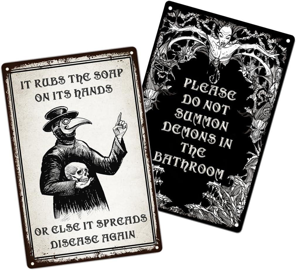 2 Pieces Gothic Bathroom Tin Signs, Dark Humor Black Goth Witchy Decoration Wall Art, 8x12 Inch / 20x30cm