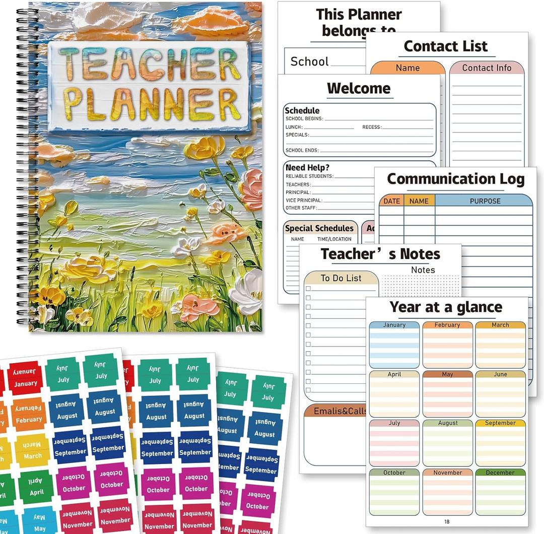 Teacher Planner Book for Yearly, Weekly & Monthly Lesson Planner, January-December Yearly Planner A4 Size with Checklist, Notes, School Teacher Supplies for Classroom Organization - Oil Painting