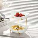 2 Tier Ceramic Fruit Bowl for Kitchen Counter, Tiered Fruit Basket for Countertop, Modern Multi Layer Fruit Display Stand for Party, Cute & Small (Gold&White)