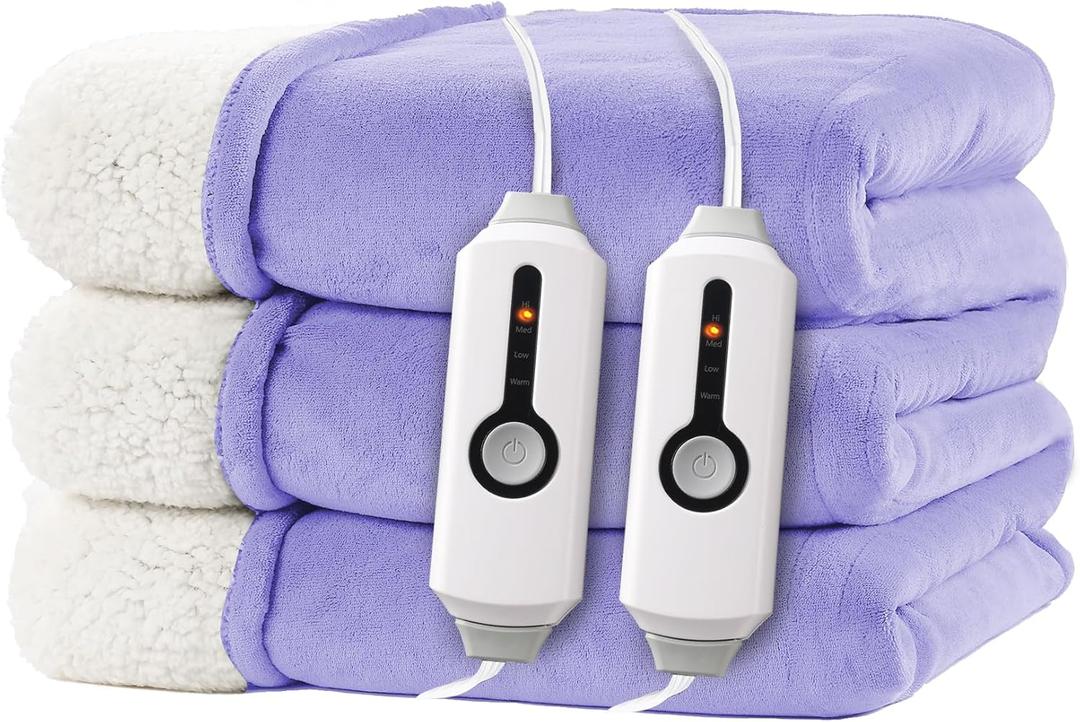 Electric Heated Blanket Queen Size 84"x90" - Dual-Sided with Microplush & Sherpa Fabric, 4 Heat Settings & 10 Hours Auto Off, Dual Controller, Machine Washable - Light Purple