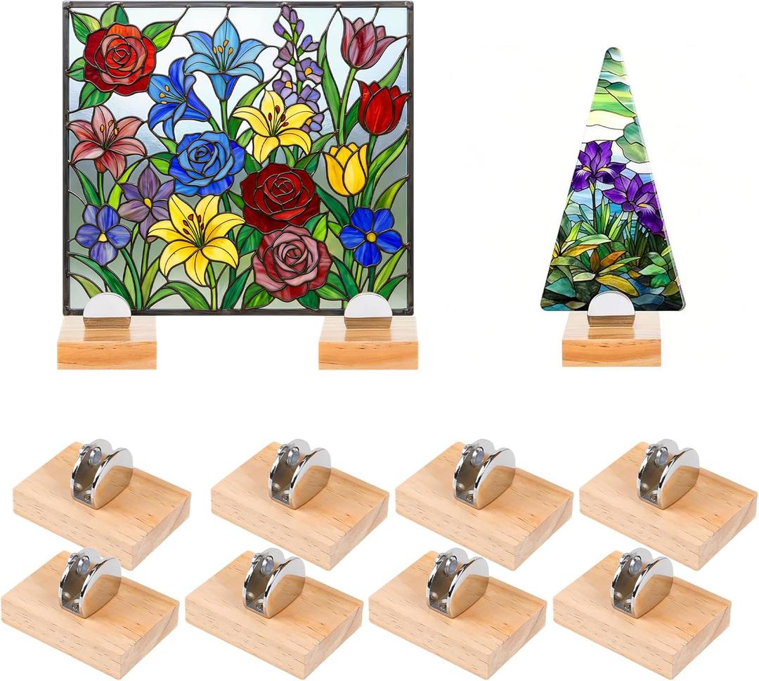 8 Pcs Wood Adjustable Glass Display Stands Easel for Glass Art, Stained Ceramic Tiles, Plaques, Photos & Collectibles for Office, Trade Shows, Home Decor & Exhibitions