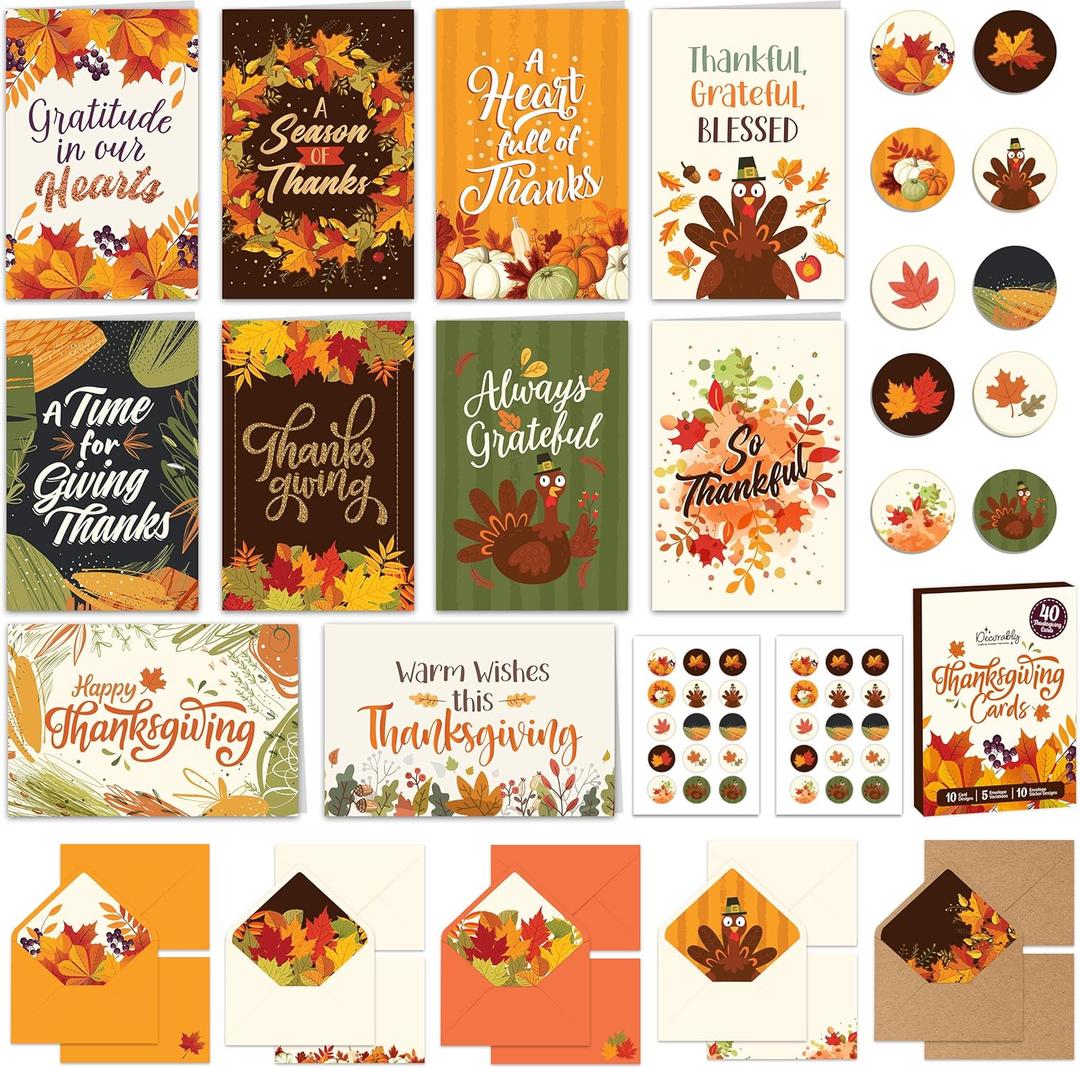 Decorably 40 Pack Foiled and Glittery 4x6in Happy Thanksgiving Cards with Envelopes & Stickers, 10 Charming Designs Thanksgiving Cards Bulk, with Printed Message Inside