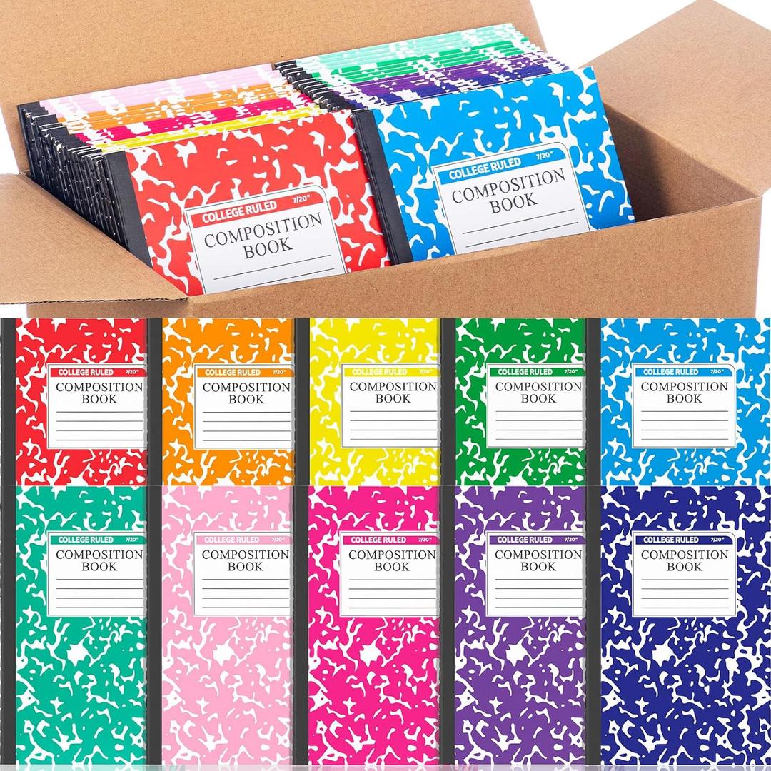 Fainne 200 Pack A5 Composition Notebooks Bulk College Ruled Composition Books Wide Ruled Write Notebooks Marble Covers Write Book for School Classroom Office Supplies(10 Color)
