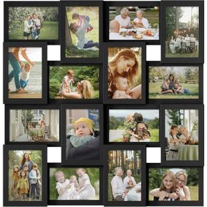 J.M.Deco Collage Picture Frames for Wall 16 Opening, Large Photo Frame Collage Wall Hanging for 4x6 Photo, Reunion Friends Family Memory, Christmas Gift - Black