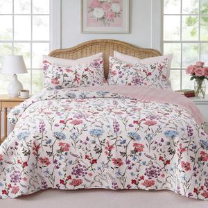 GOONE XL King Quilt Set 106"x96", Pink Floral Boho Bedspread Reversible Bedding Set,Lightweight Spring & Summer Quilt Set, Farmhouse Bed Coverlet, Quilt King Size with 2 Pillow Shams All-Season | Boho Bedspread, Reversible, Lightweight, Spring & Summer, Farmhouse, 2 Pillow Shams (Whispering of Flowers)