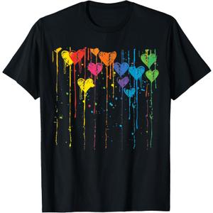 Colorful Hearts Dripping Paint Splatter T-Shirt, L