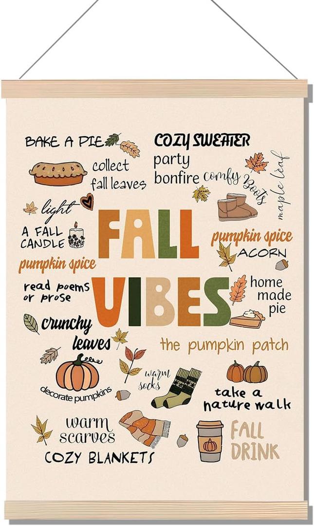 EVER-GOING TUNE Fall Vibes Autumn Wall Art Poster, Pumpkin Maple Leaves Art Poster, Harvest Seasonal Canvas Prints Wall Decor for Autumn Thanksgiving Home Gallery Living Room Bedroom, 16x24 Inches