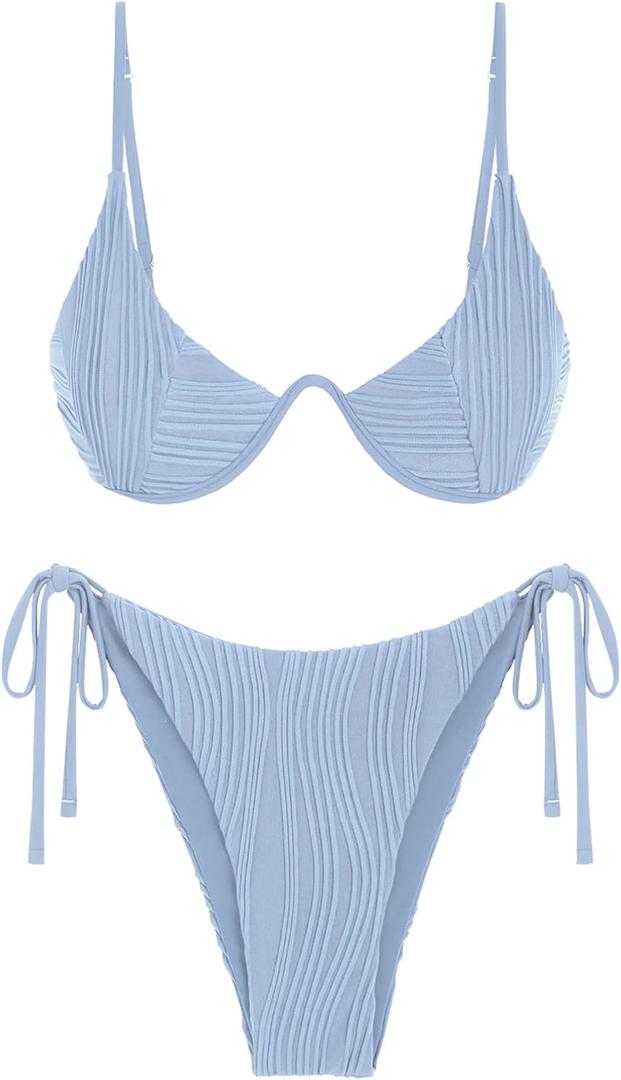 ZAFUL Women's Bikini Sets Ribbed Two Piece Swimsuits Underwire Adjustable Back Clasp Bathing Suit Side Tie Thong Swimwear (Size Large)