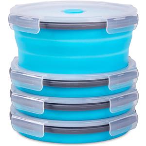Collapsible Food Storage Containers with Airtight Lid & Vent, 40.5 oz, Kitchen Stacking Silicone Collapsible Meal Container Set for Leftover, Microwave Freezer Dishwasher Safe, Blue Round, Set of 4