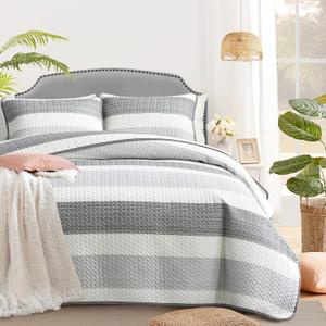 Joyreap 2-Piece Cotton Quilt Set Twin, Light Gray Penicl Line Stripes Printed on White, Smooth Soft Quilt Bedspread Bed Cover for All Season- 68x86 inches