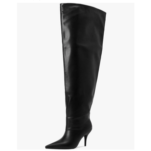 Women's Wide Calf Thigh High Heeled Boots Stiletto Cone Heel Boots Pointed Toe Pull On Black Boot Heels for Women, 10.5