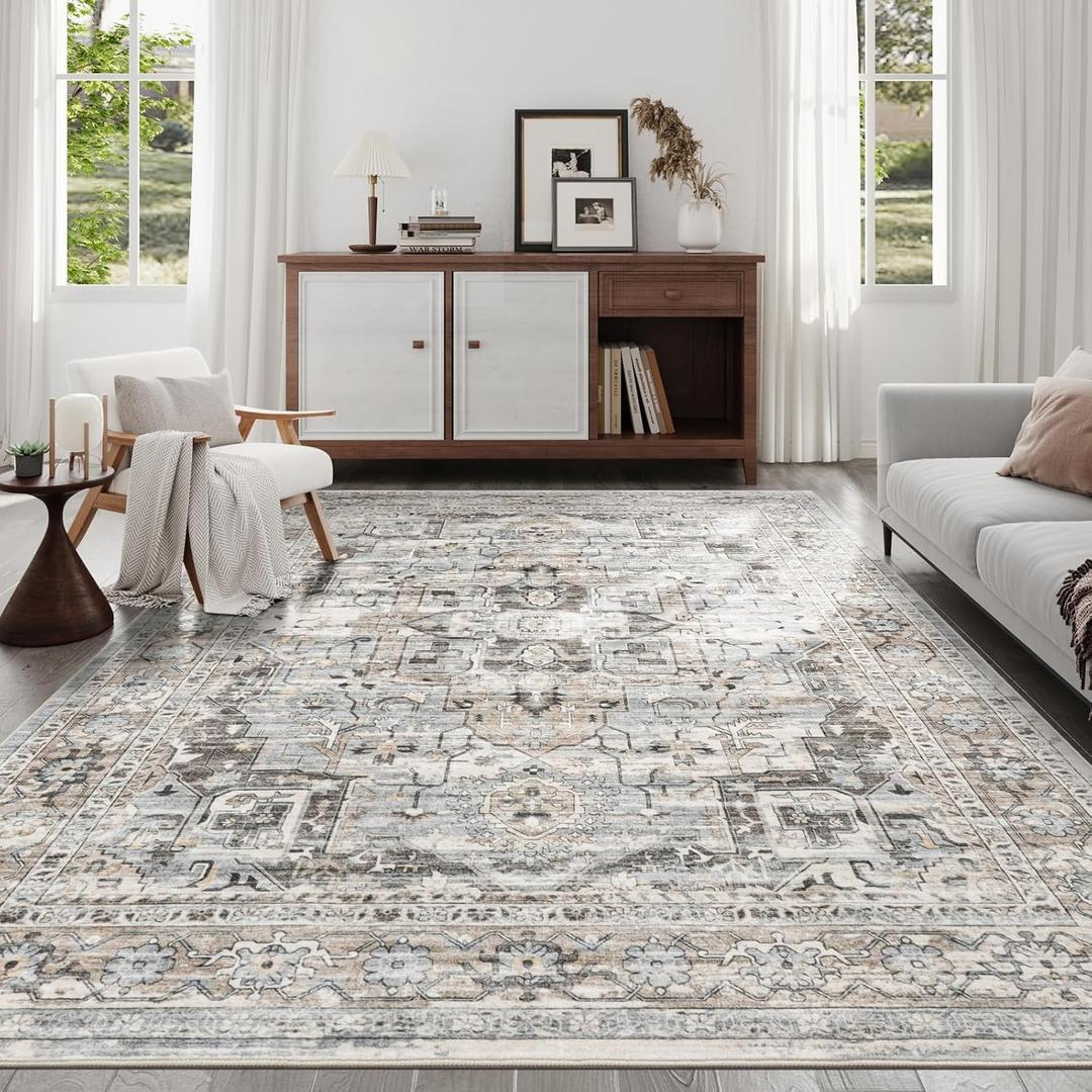 9x12 Area Rugs for Living Room, Machine Washable Non Slip Vintage Rug, Non-Slip Stain Resistant, Large Soft Home Decor Rug for Bedroom Dining Room (Beige/Brown, 9'x12')