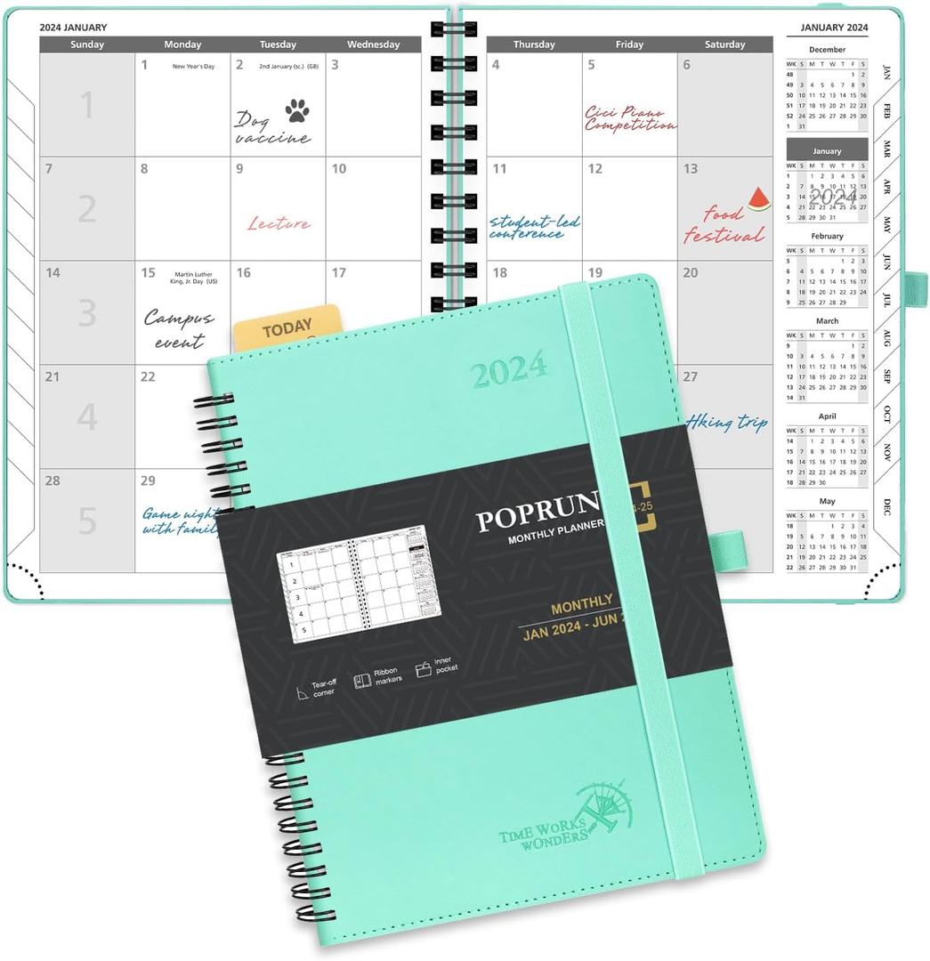 POPRUN Monthly Planner 2024-2025 Spiral Bound (6.5'' x 8.5'') 18 Months Calendar (Jan 2024 - Jun 2025) - 4 Pages per Month with Monthly Expense & Notes, Vegan Leather Cover - Green