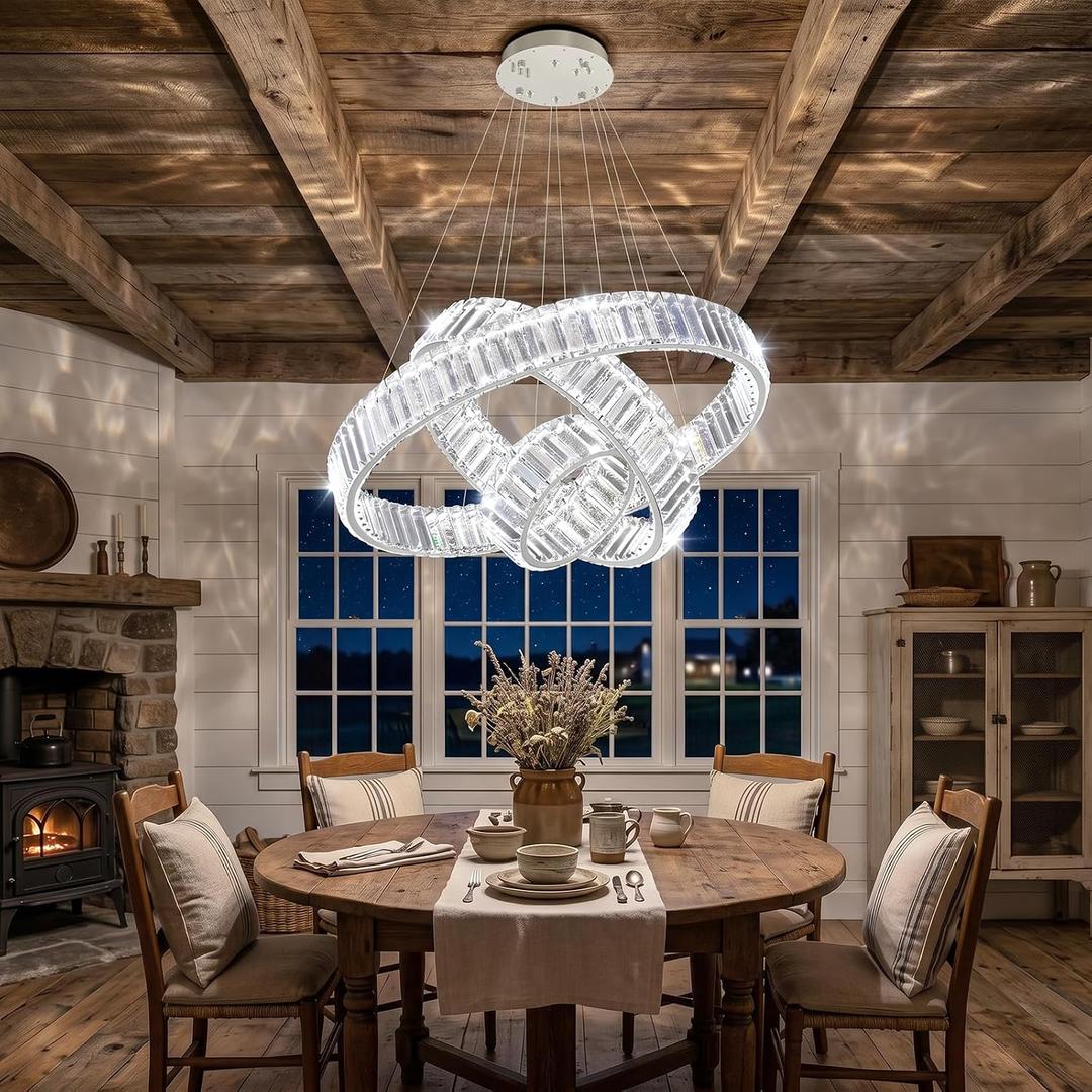 Modern 3 Ring Chandelier Crystal Chandeliers for Dining Room Round LED Dimmable Ceiling Light Fixture for Living Room Bedroom Lighting Silver