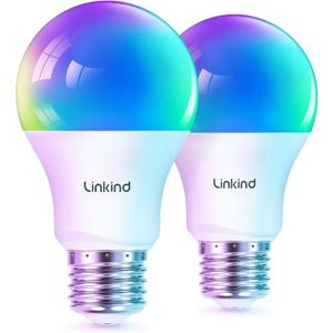 Linkind Matter Smart Light Bulb, Smart Bulbs Work with Apple Home/Siri/Alexa/Google Home/SmartThings, LED Color Changing Light Music Sync RGTBW, Smart Home, 60W 800LM A19 E26 2.4Ghz WiFi Only, 2 Pack