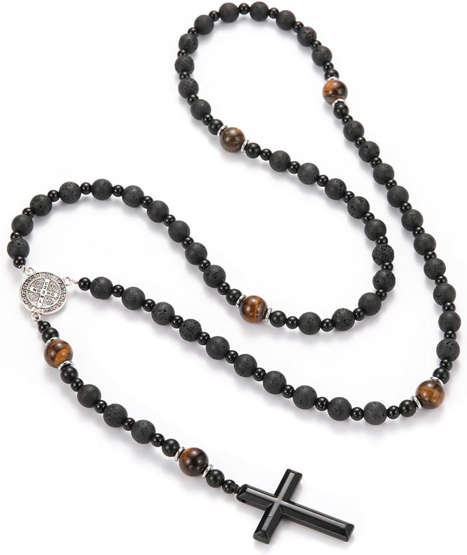 Tiger Eye Cross Necklace for Men, Obsidian Necklace, Hematite Cross Pendant Lava Rock Rosary Healing Crystal Necklaces