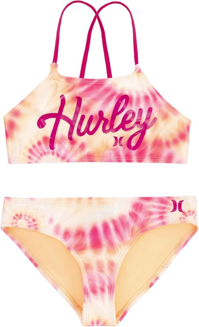 Hurley Big Girls Printed Bikini Top and Bottom 2 Piece Set (Medium, H_Pink(484856-A96)/ P)