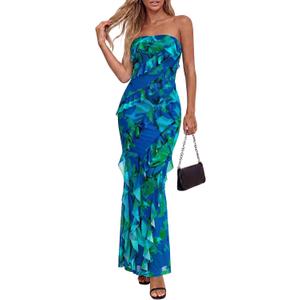 BTFBM Summer Dresses for Women 2026 Strapless Maxi Ruched Bodycon Floral Ruffle Cocktail Formal Wedding Guest Dress (Large)