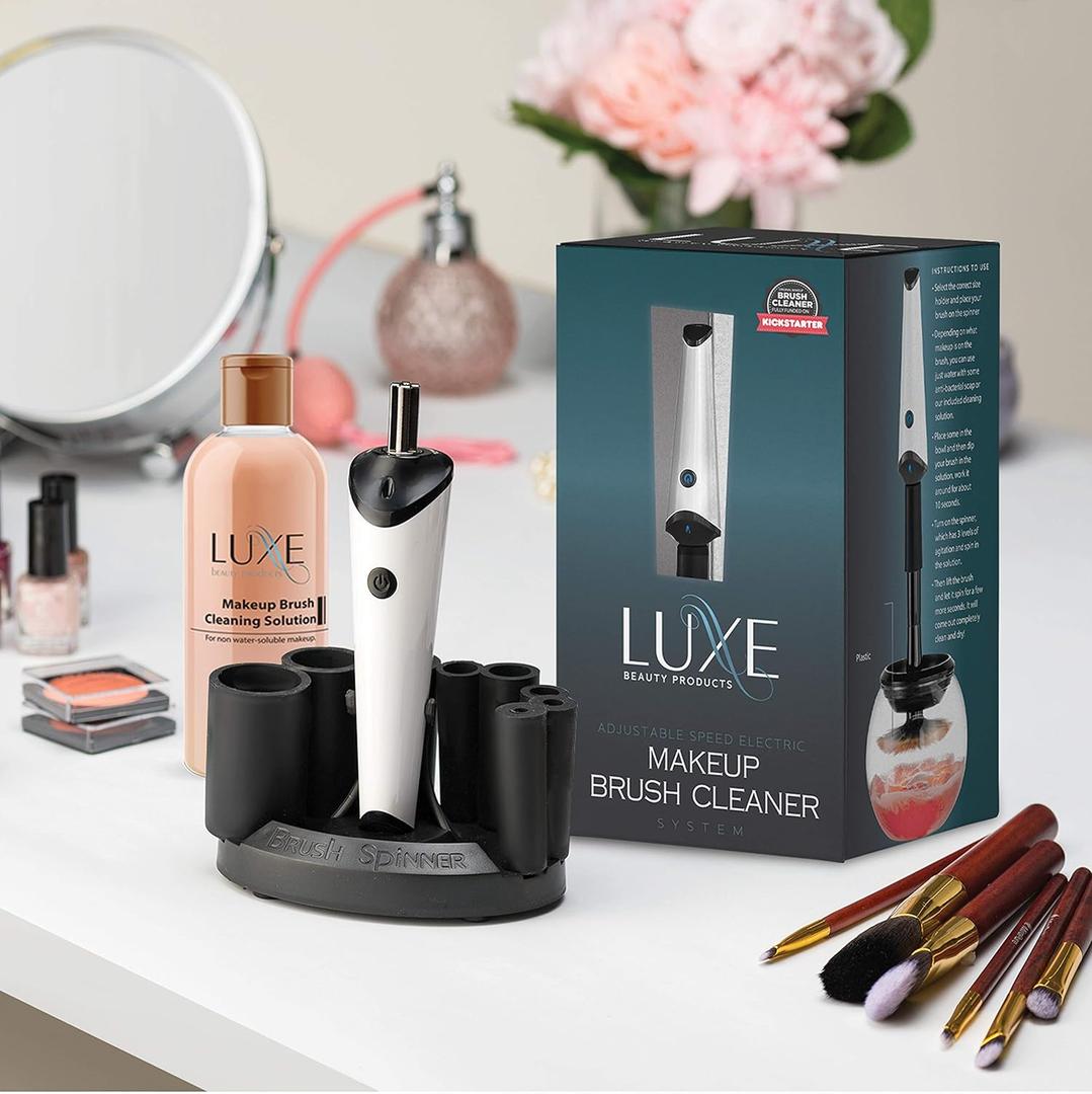 Luxe Electric Makeup Brush Cleaner Machine with Cleaning Solution - USB Charging Station, Automatic Brush Washer and Dryer - 3 Adjustable Speeds for Easy Cleaning - Complete Set for Hygienic Brushes (4 Piece set, White)