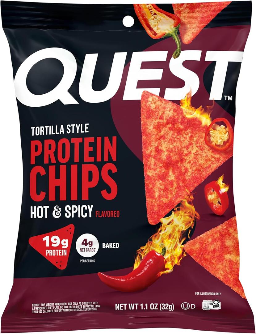 Quest Nutrition Tortilla Style Protein Chips, Hot & Spicy, 19g of Protein, 4g Net Carbs, High Protein, Gluten Free, 1.1 Ounce (Pack of 12), BBD 08/01/26