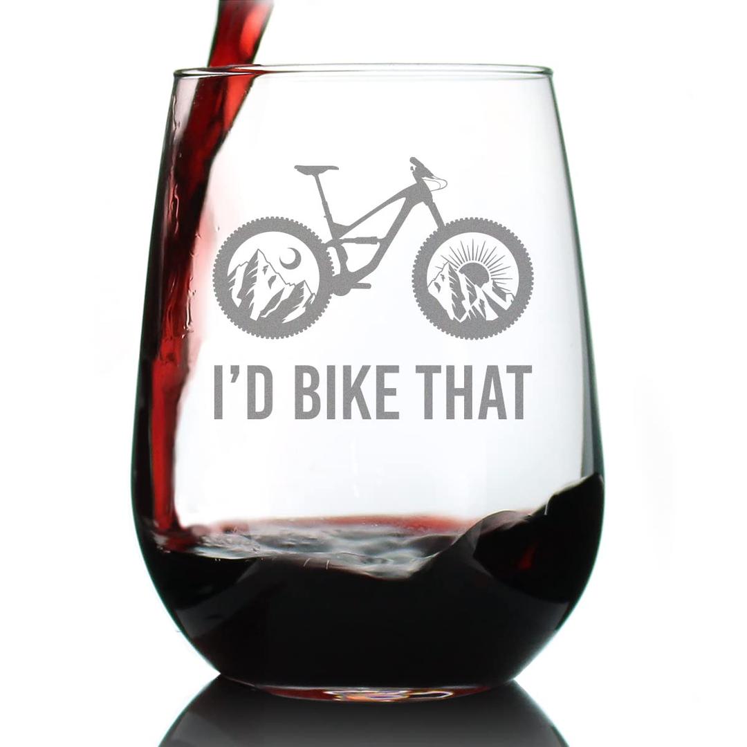 I'd Bike That - Stemless Wine Glass - Bicycle Themed Decor and Gifts for Mountain Bikers - Large 17 Oz Glasses