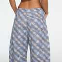 Women's Printed Barrel Jeans Wide Leg Baggy Denim Pants Mid Rise Boyfriend Plaid Pants Y2k Distressed Trousers Deepblue (US 26)